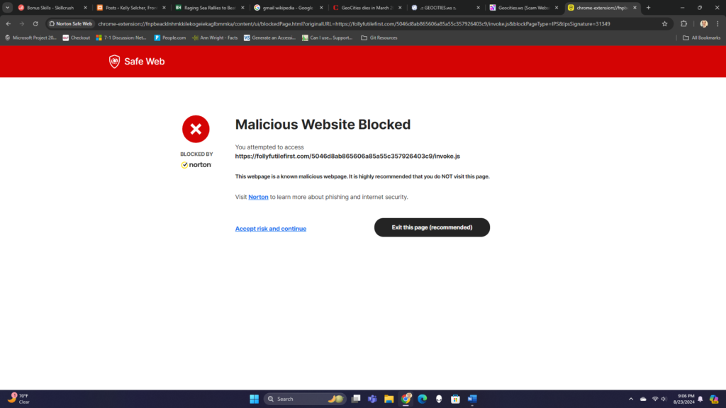 A screenshot showing a malicious website has been blocked