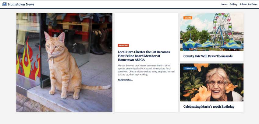 Hometown News is fictitious news site with a homepage, gallery, form, and gallery