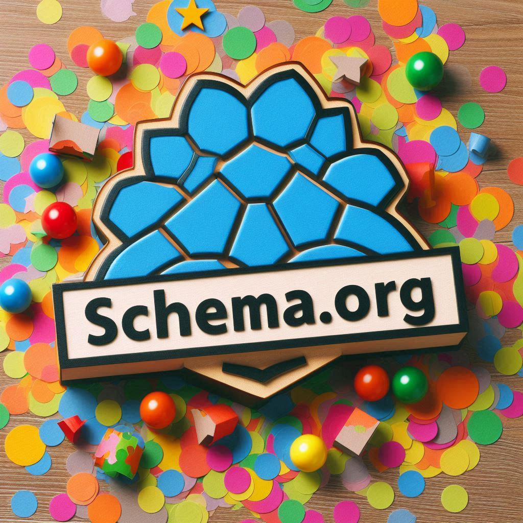 A sign with "Schema.org" surrounded by confetti on a wooden table