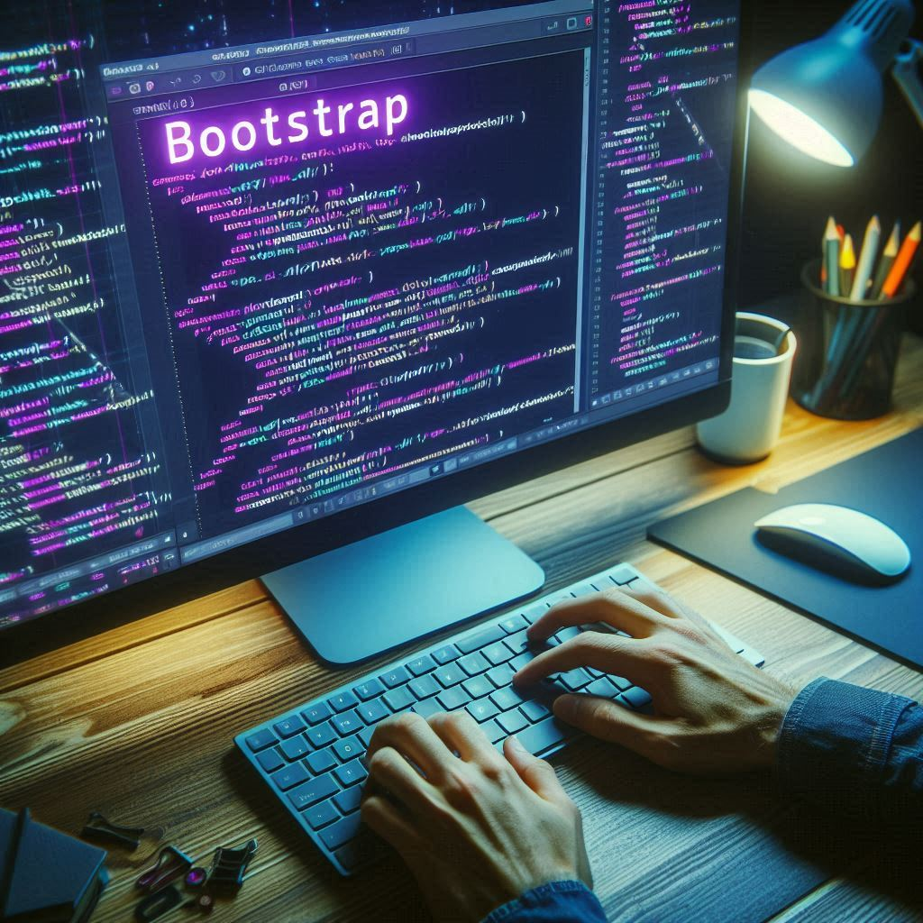 A computer screen with code and the word, "Bootstrap" highlighted at the top. 