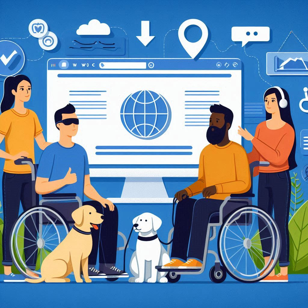 Individuals with disabilities surrounding  the internet symbol on a computer screen