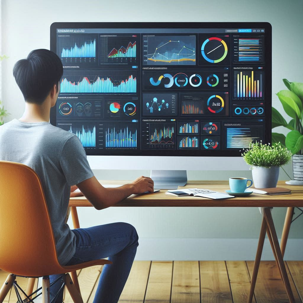 A computer user looking at a computer screen with various site performance analytics 