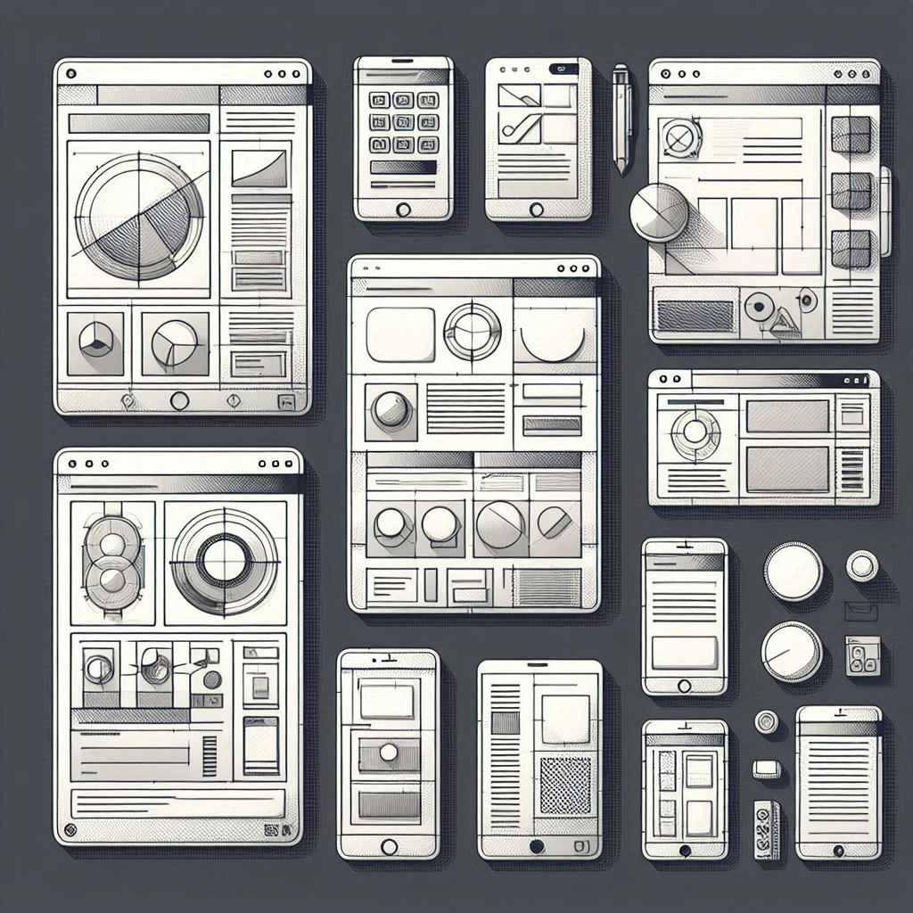 Black and white depictions of wireframes on various mobile devices