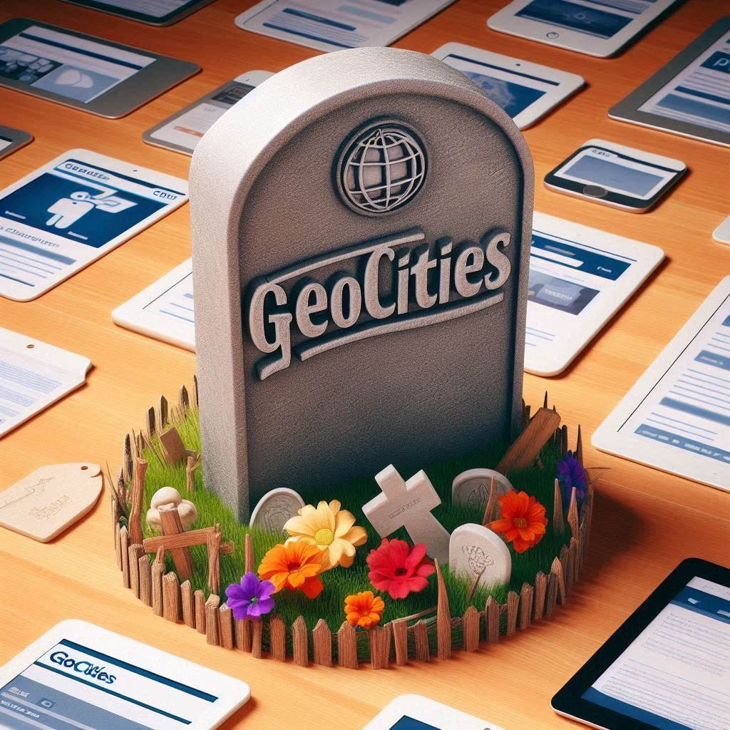 A gravestone with "GeoCities" written on it surrounded by webpages