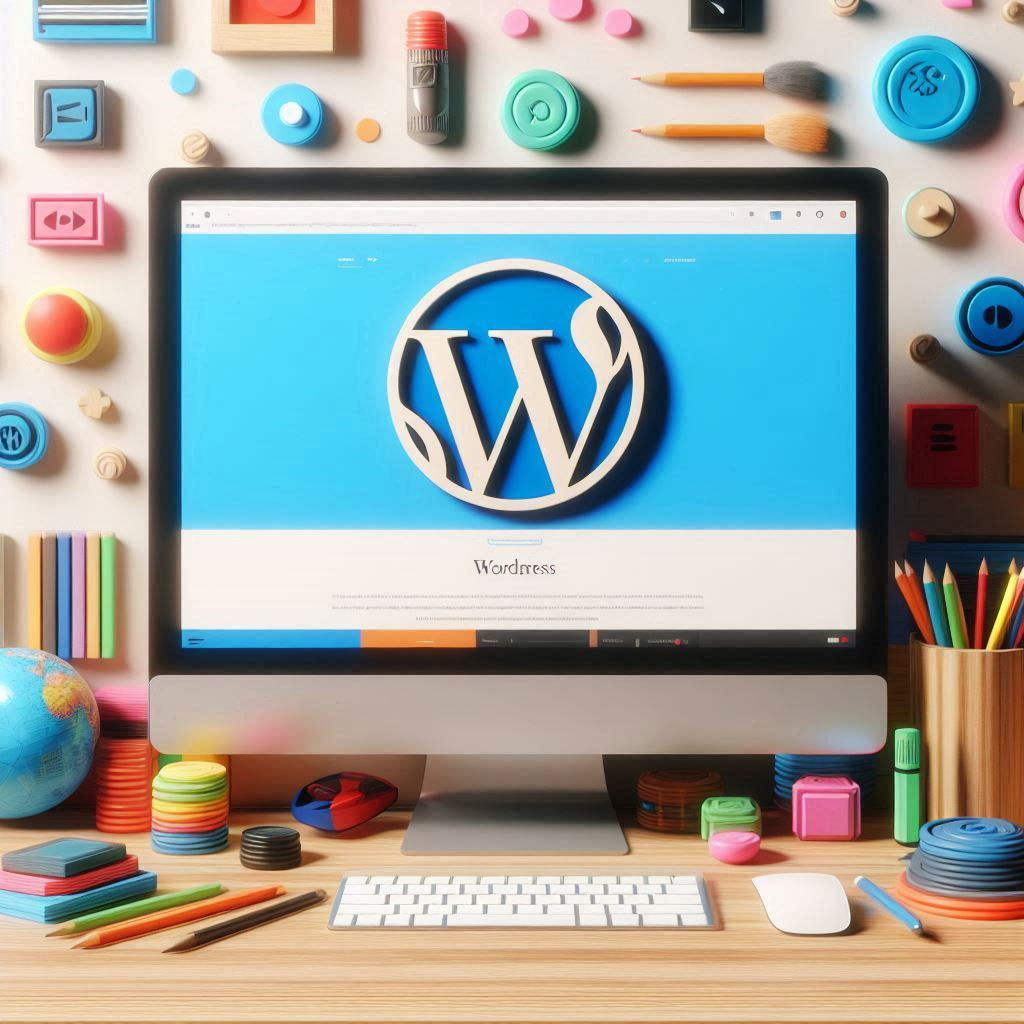 A computer with the "W" logo of WordPress on the screen