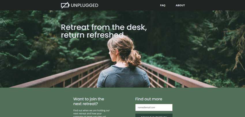 Unplugged is a responsive website for a fictional retreat business